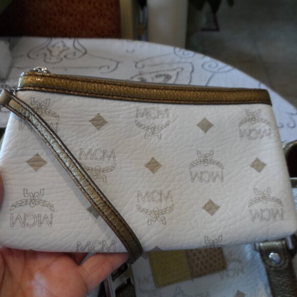 MCM White/Gold Signature Logo Napa Leather Tote & Pouch Set /Snake Print Detail - Picture 12 of 16